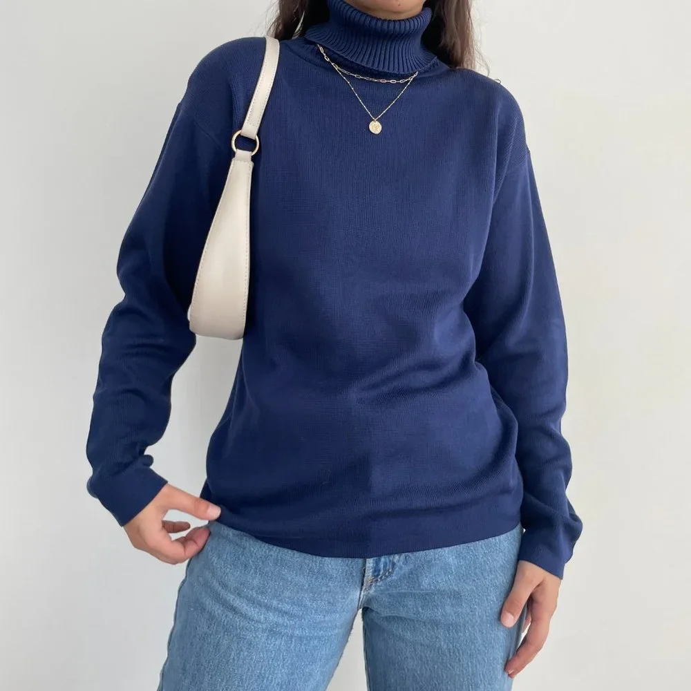 Vintage Belford 100% silk knit long sleeve turtleneck sweater in navy blue L - Picture 6 of 11